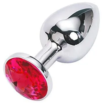 1351AE      Small Chrome Butt Plug with Red Gem - LAST CHANCE - Final Closeout!