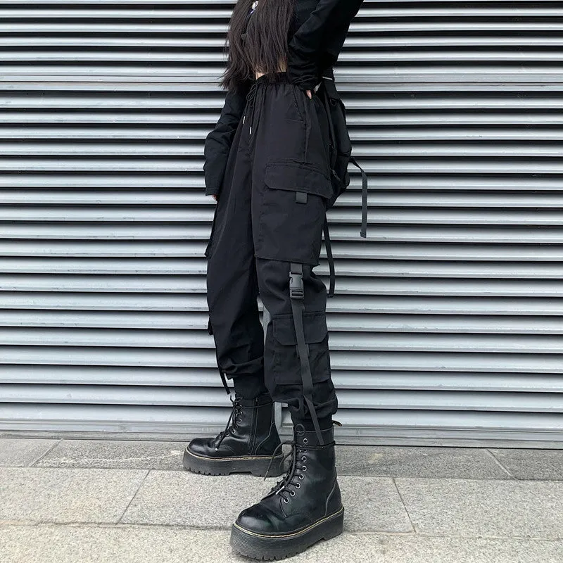 BLACK DRAWSTRING LOOSE CARGO PANTS UB2696