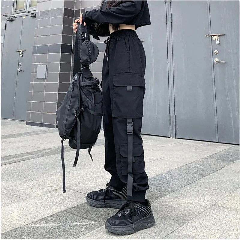 BLACK DRAWSTRING LOOSE CARGO PANTS UB2696
