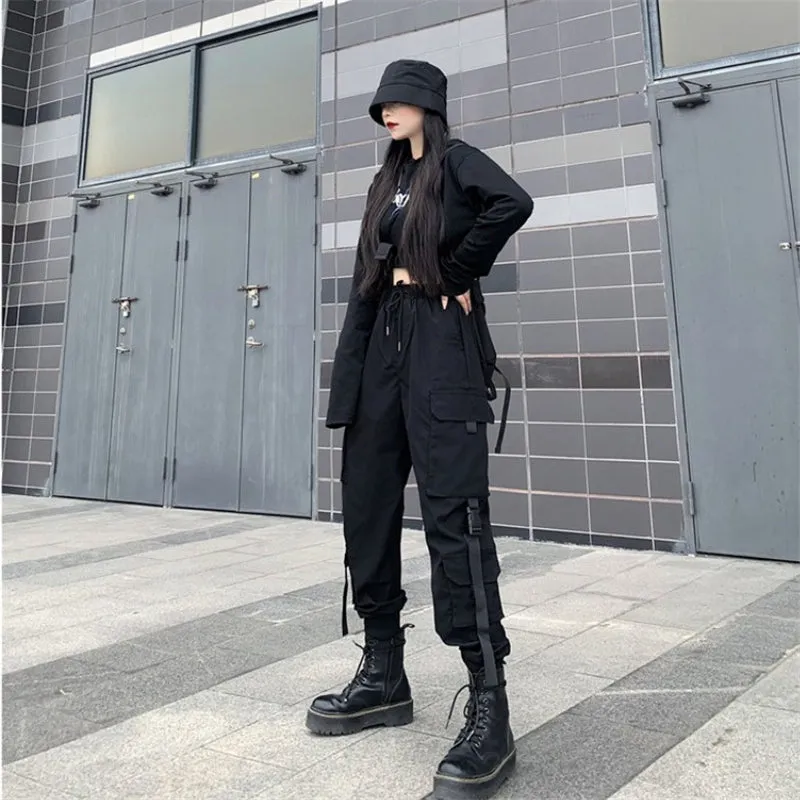 BLACK DRAWSTRING LOOSE CARGO PANTS UB2696