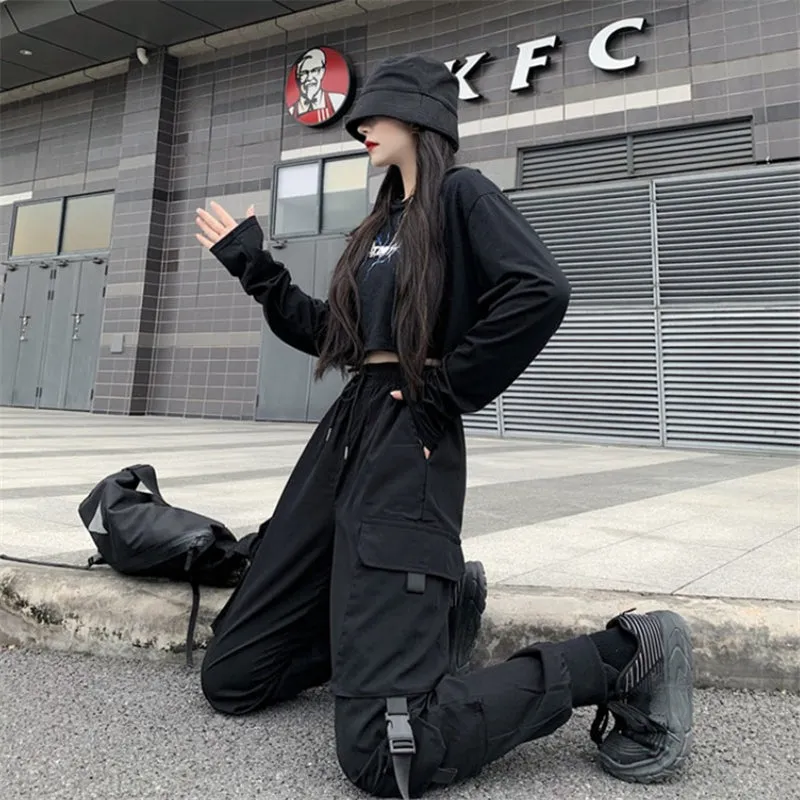 BLACK DRAWSTRING LOOSE CARGO PANTS UB2696