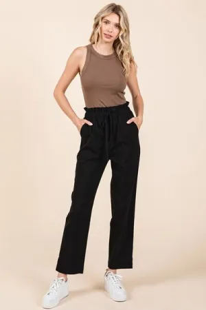 Black Paperbag Waist Tapered Straight Pants