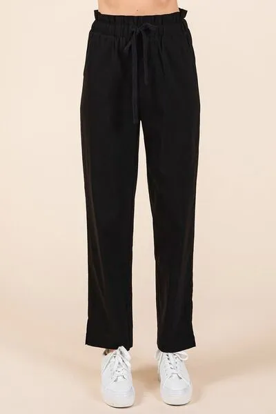 Black Paperbag Waist Tapered Straight Pants