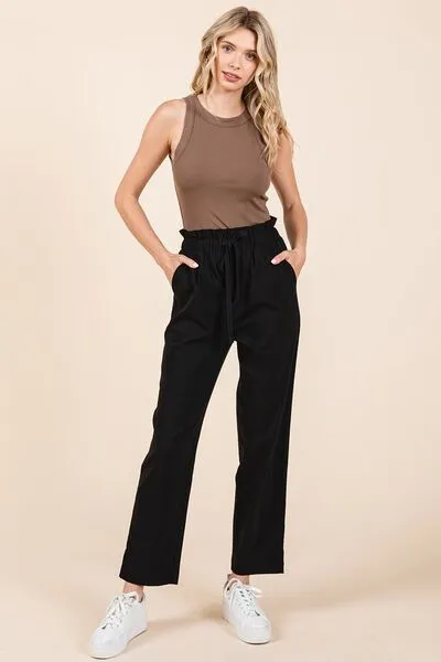 Black Paperbag Waist Tapered Straight Pants