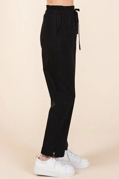 Black Paperbag Waist Tapered Straight Pants