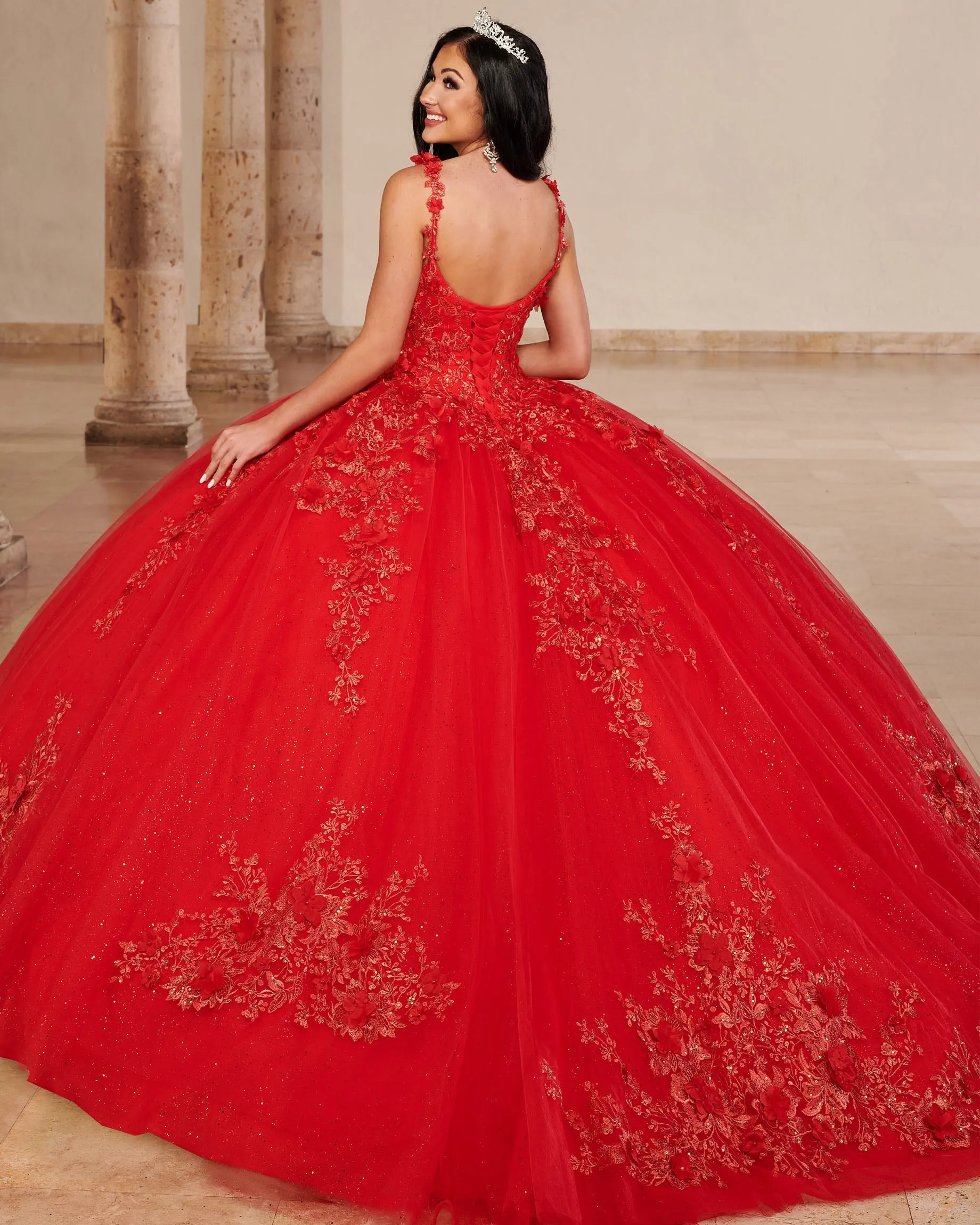 Glitter Red Quinceanera Dress 3D Flowers Sequined Tulle Lace Ball Gowns Sweet 16 vestidos de quinceañera