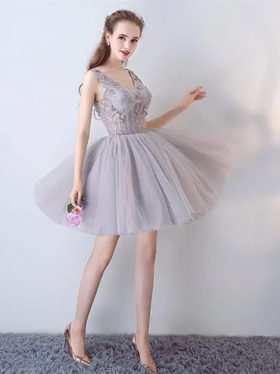 Gray Beaded Lace V-Neck Short Homecoming Dress