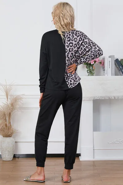 Leopard Print Round Neck Top and Drawstring Pants Lounge Set