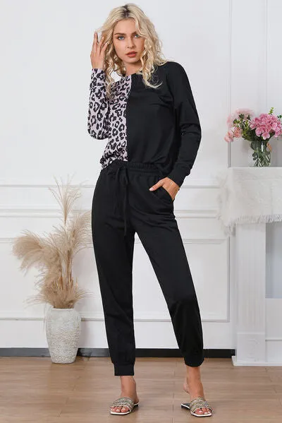 Leopard Print Round Neck Top and Drawstring Pants Lounge Set