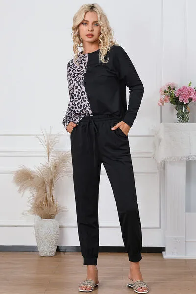 Leopard Print Round Neck Top and Drawstring Pants Lounge Set