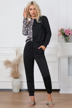 Leopard Print Round Neck Top and Drawstring Pants Lounge Set