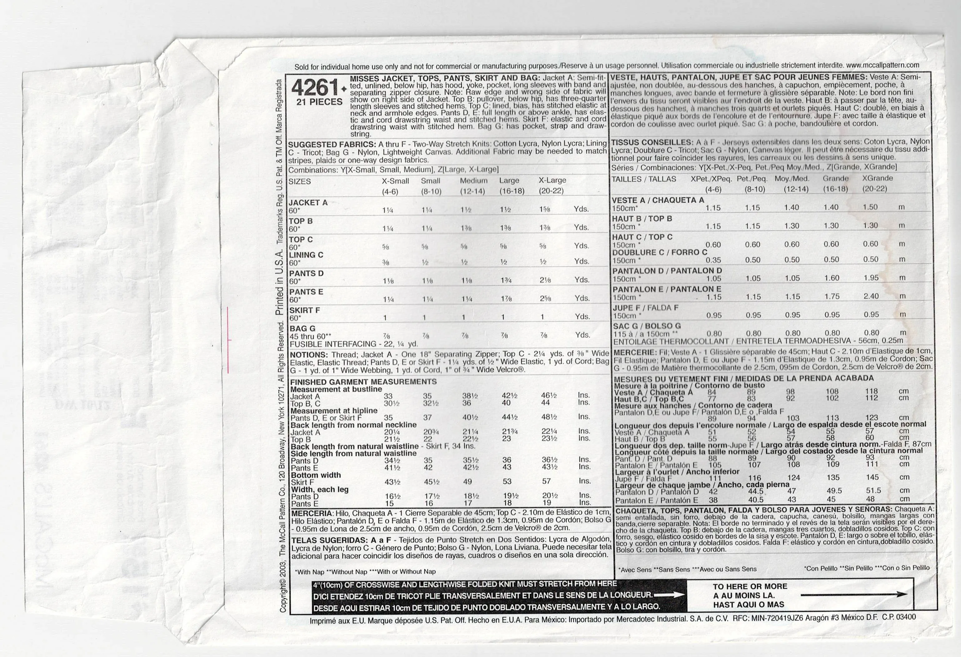McCall's 4261 Womens SPA ESSENTIALS Activewear & Sports Bag Out Of Print Sewing Pattern Size XS - MED UNCUT Factory Folded