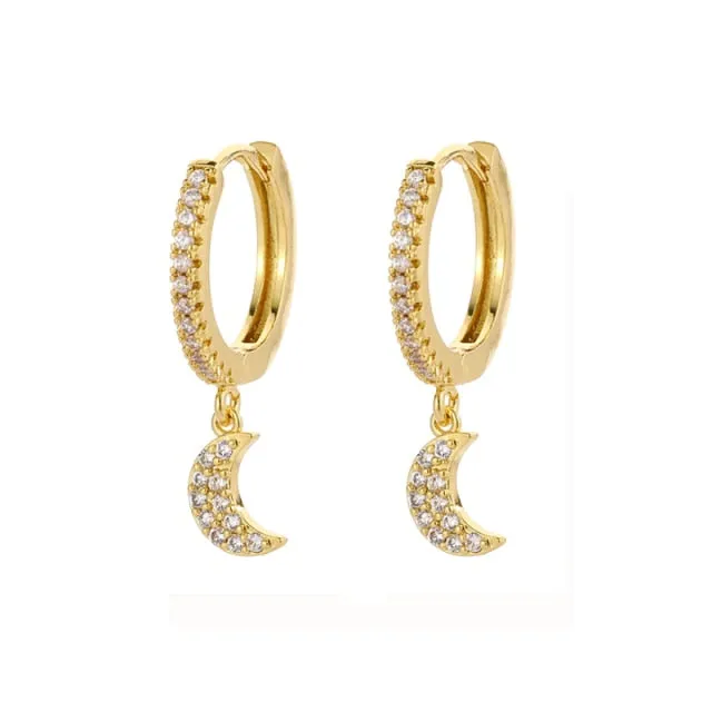 Mini Huggie Hoops Crescent Moons Dangle Earrings