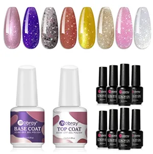 Mobray Glitter Gel Nail Polish Set 8 Colors Sparkly Shiny Silver Pink Yellow Blue Gel Polish Kit with Base and Top Coat for Home DIY Manicure.