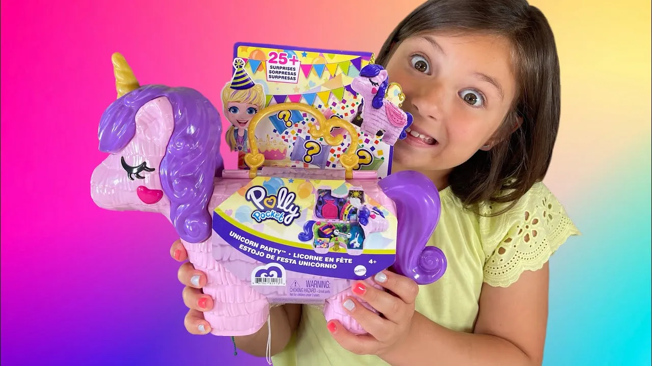 New Polly Pocket Unicorn Party Large Compact Playset with Micro Polly & Lila Dolls, 25  Surprises to Discover & Fun Princess Party Play Areas: Bouncy House, Castle, Swings, Water Floatie & More