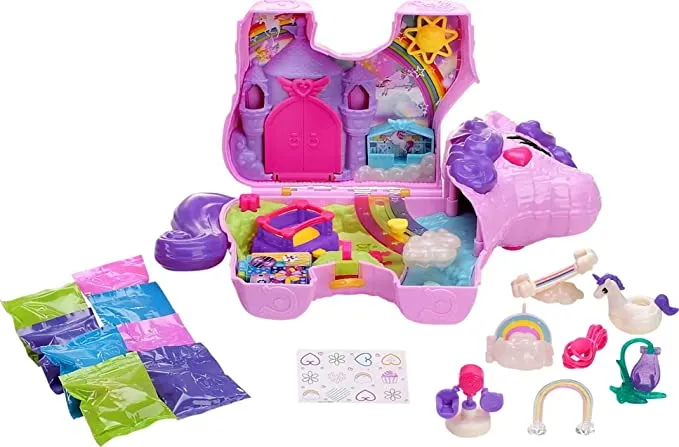 New Polly Pocket Unicorn Party Large Compact Playset with Micro Polly & Lila Dolls, 25  Surprises to Discover & Fun Princess Party Play Areas: Bouncy House, Castle, Swings, Water Floatie & More