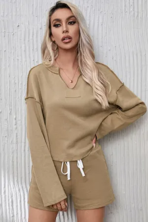 Notched Neck Exposed Seam Top and Drawstring Shorts Lounge Set