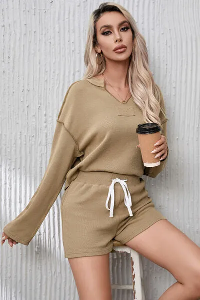 Notched Neck Exposed Seam Top and Drawstring Shorts Lounge Set