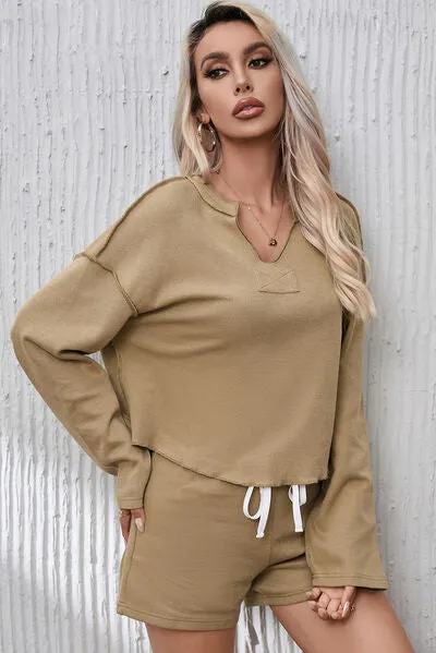 Notched Neck Exposed Seam Top and Drawstring Shorts Lounge Set