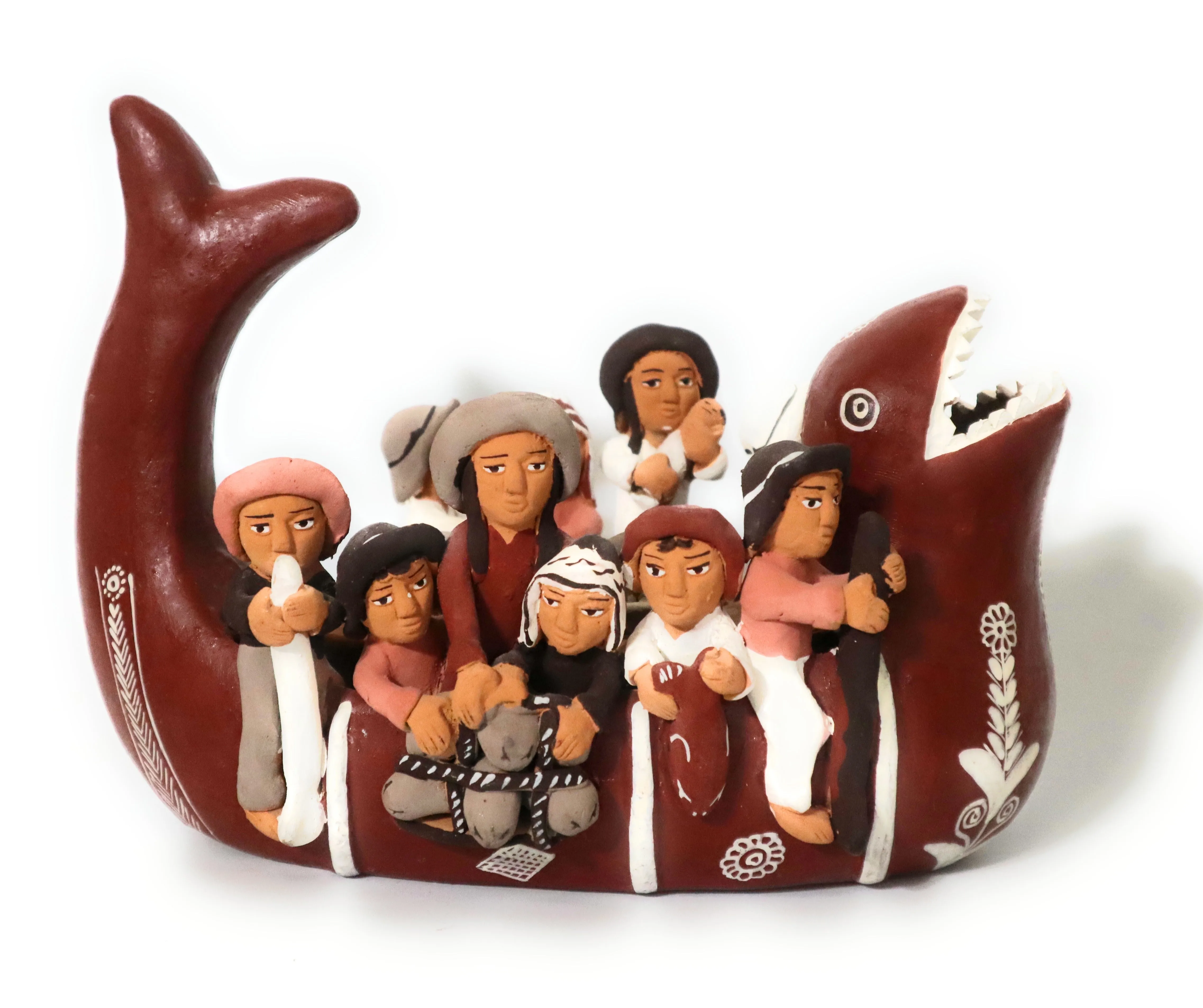 Peruvian Folk Art Fishermen in Boat Peruvian Quinua Ayachucho Ceramic 7" Tall