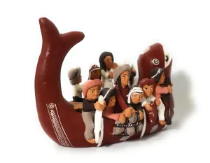 Peruvian Folk Art Fishermen in Boat Peruvian Quinua Ayachucho Ceramic 7" Tall