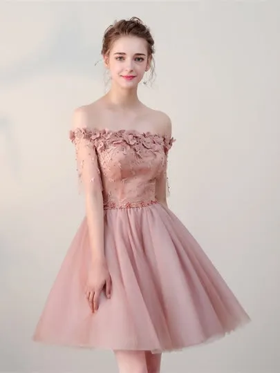Pink Lace Half Sleeves Short Homecoming Dress