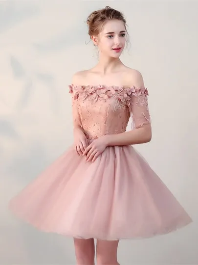 Pink Lace Half Sleeves Short Homecoming Dress