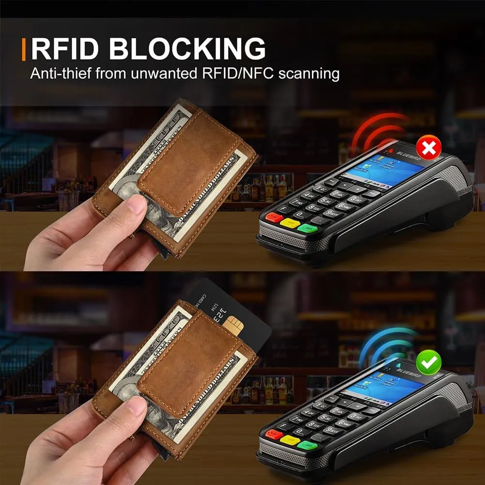 Pop-up Wallet for Men Genuine Leather Magnetic Money Clip