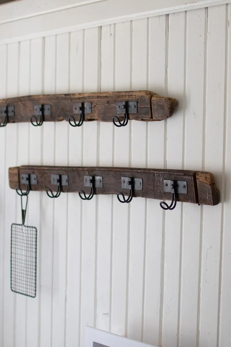 Recycled Wood Coat Rack with Five Wire Hooks (Pack of 2)