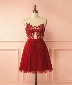 Sexy Burgundy Sheer Tulle Lace Short Prom Dress
