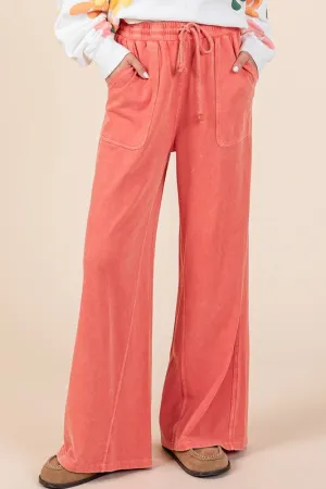 Size Large Orange Mineral Wash French Terry Drawstring Wide Leg Pants