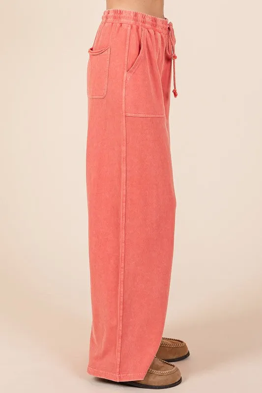 Size Large Orange Mineral Wash French Terry Drawstring Wide Leg Pants