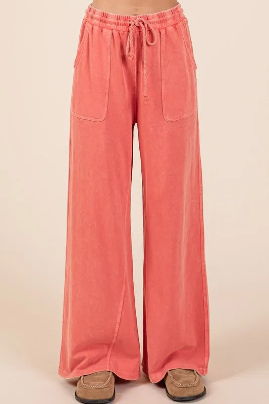 Size Large Orange Mineral Wash French Terry Drawstring Wide Leg Pants