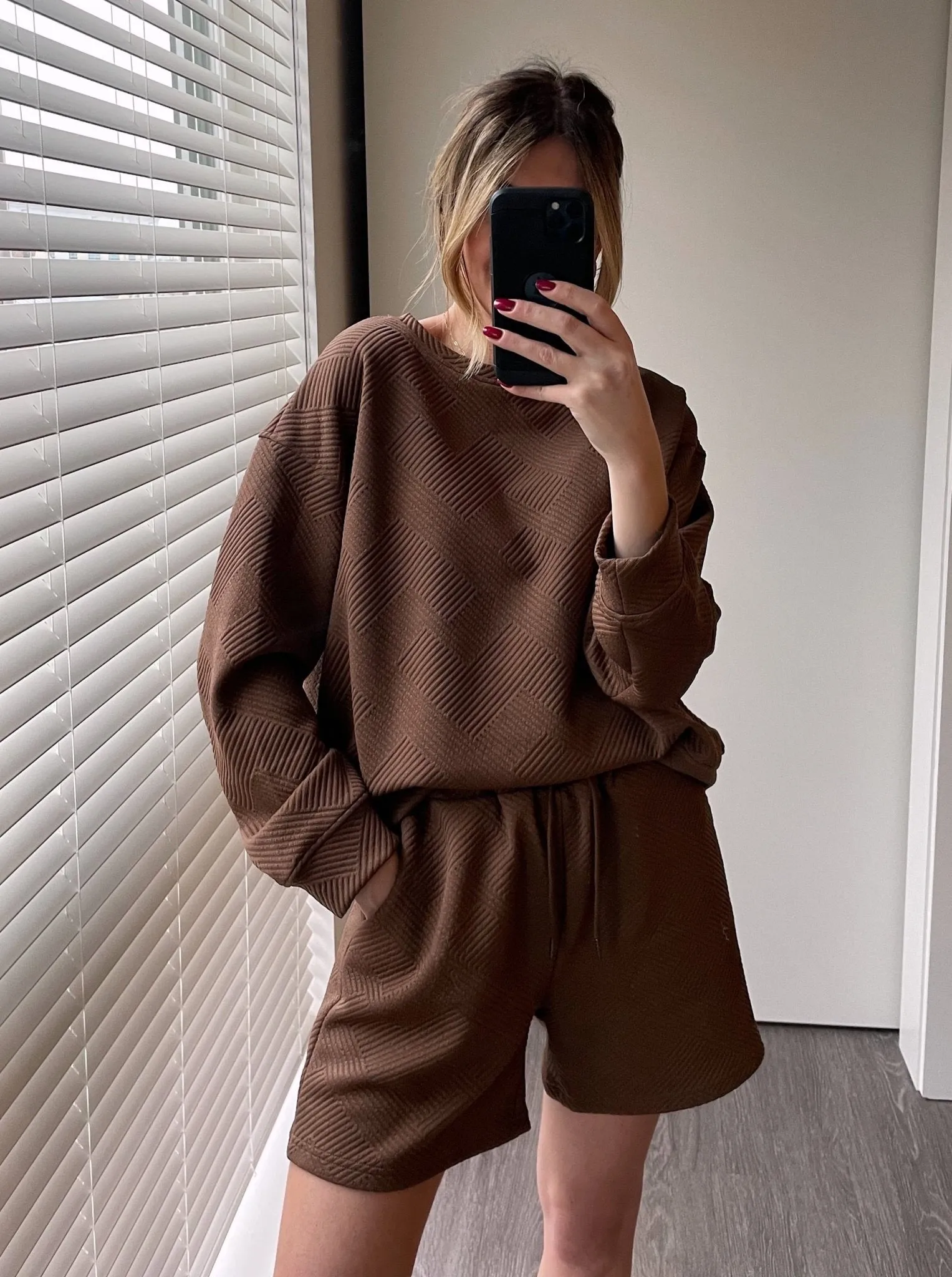 Textured Long Sleeve Top and Drawstring Shorts Set