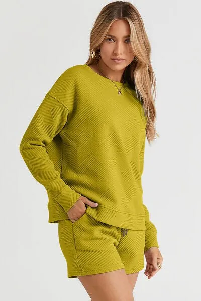 Textured Long Sleeve Top and Drawstring Shorts Set