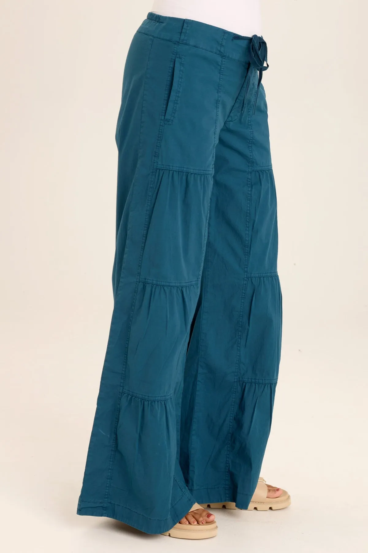 Tiered Wide Leg Drawstring Flare Ruched Pant
