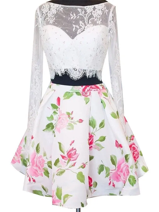 Two Piece Bateau White Long Sleeve Homecoming Dresses