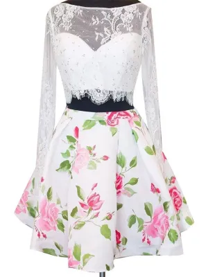 Two Piece Bateau White Long Sleeve Homecoming Dresses