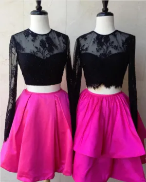 Two Piece Black Lace Long Sleeves Homecoming Dresses